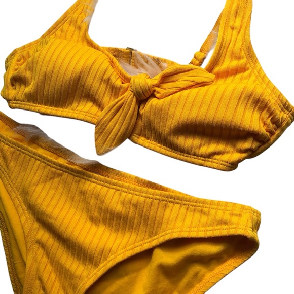 NWOT Xhilaration Golden Yellow 2 Piece Bikini Swimsuit Set w Rib Texture & Tie S - Picture 4 of 11